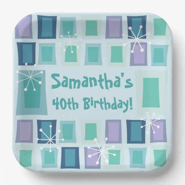 Mid Century Modern 40th Birthday Aquamarine Paper Plate (Front)