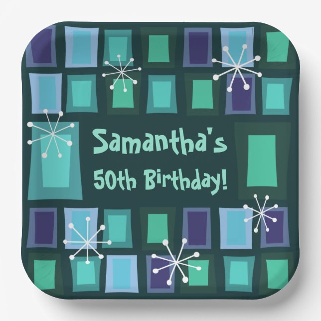 Mid Century Modern 50th Birthday Teal Paper Plate (Front)