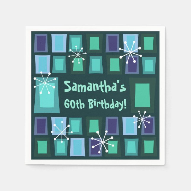Mid Century Modern 60th Birthday Teal Napkin (Front)