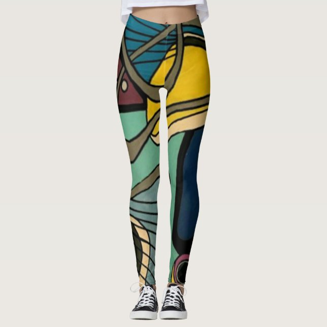 'Mid-Century Modern Abstract Aquatic' painting on Leggings (Front)