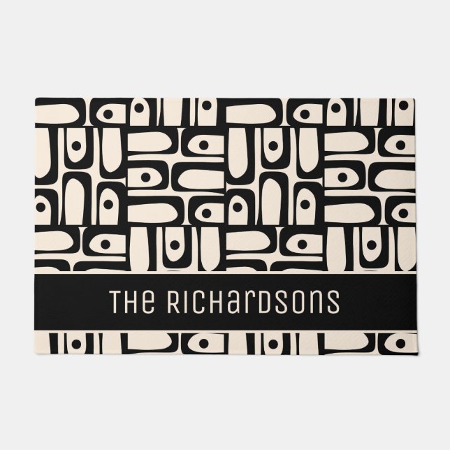 Mid Century Modern Abstract Black and Cream Piquet Doormat (Front)