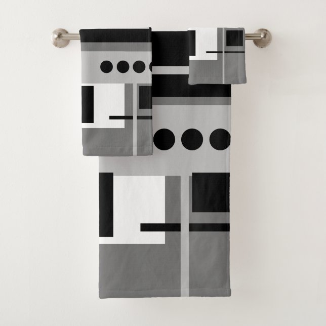 Mid Century Modern Abstract Black White and Grey   Bath Towel Set (Insitu)