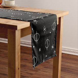 Mid Century Modern Abstract Circles Stars Black Short Table Runner