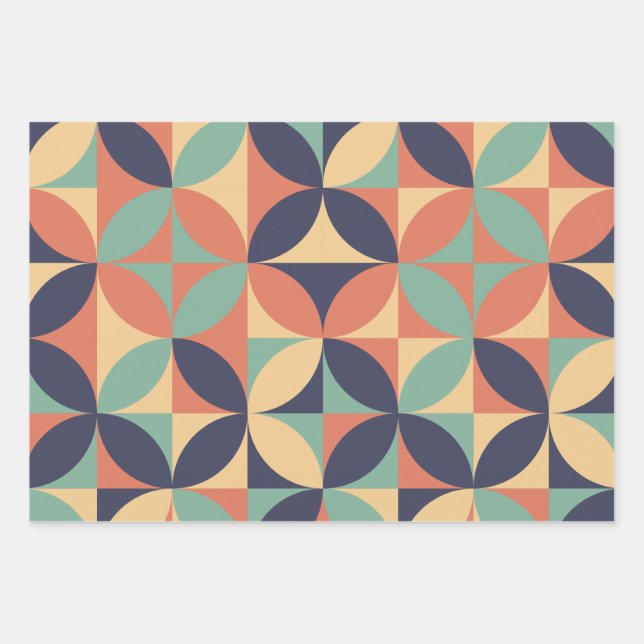 Mid Century Modern Abstract Pattern Blue & Orange Wrapping Paper Sheet (Front)