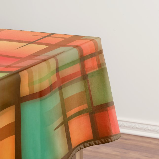 Mid Century Modern Abstract Plaid Blue Green Red Tablecloth (In Situ)
