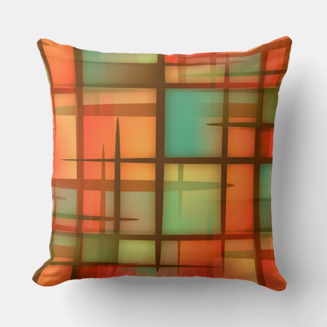 Mid Century Modern Abstract Plaid Blue Green Red Throw Pillow (Front)