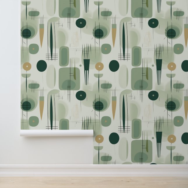 Mid Century Modern Abstract Sage Green Wallpaper (Application)