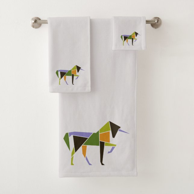 Mid Century Modern Abstract Unicorn Tangram Animal Bath Towel Set (Insitu)