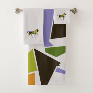 Mid-Century Modern Abstract Unicorn Tangram Animal Bath Towel Set