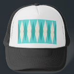 Mid Century Modern Argyle Trucker Hat<br><div class="desc">This Mid Century Modern Argyle Trucker Hat features a vibrant, turquoise background and a pattern of mod, translucent teal diamonds overlaying larger, vintage cream diamonds with gold coloured, space age speckles. This minimalist inspired, deconstructed argyle is a simplistic throwback of the larger than life atomic era that dominated the decorating...</div>