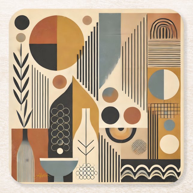 Mid Century Modern Art Autumn Harvest Square Paper Coaster (Front)