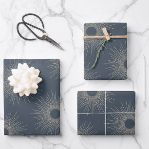 Mid Century Modern Art Deco Shapes Navy and Gold Wrapping Paper Sheet