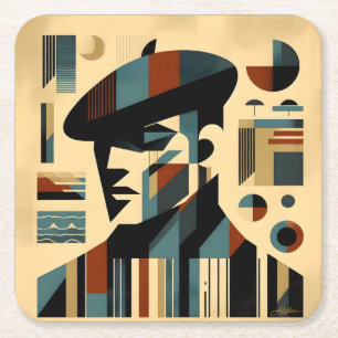 Mid Century Modern Art Man Wearing A Beret Square Paper Coaster