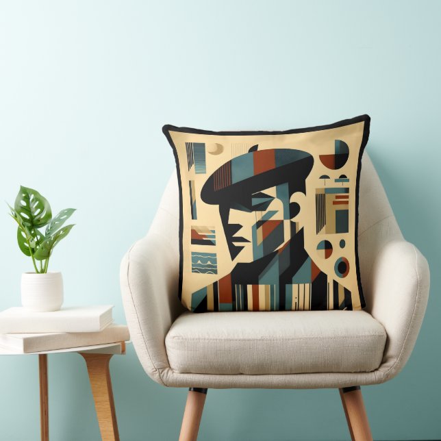 Mid Century Modern Art Man Wearing A Beret Throw Pillow (Chair)