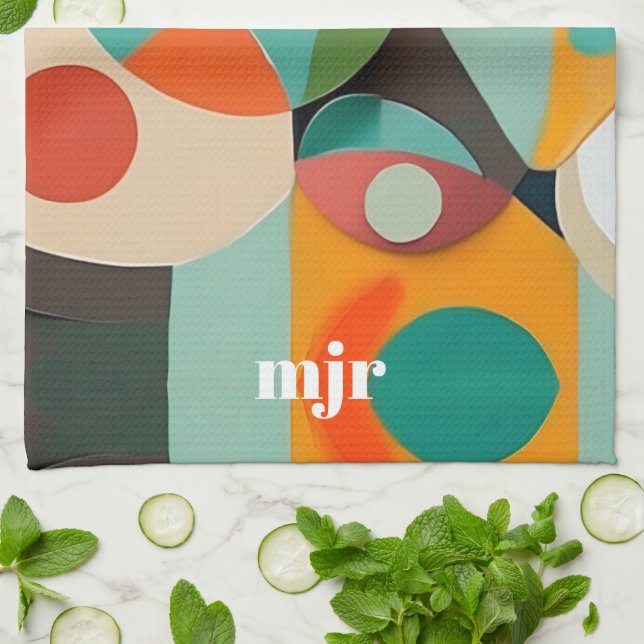 Mid Century Modern Art Monogram or Name, Geometric Kitchen Towel (Folded)