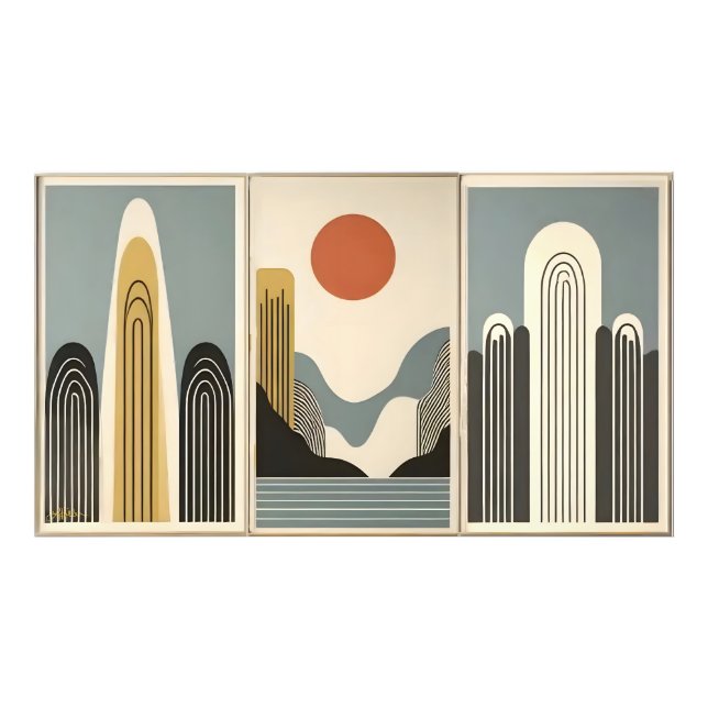 Mid Century Modern Art Mountain Lake Sunrise Photo Print (Front)