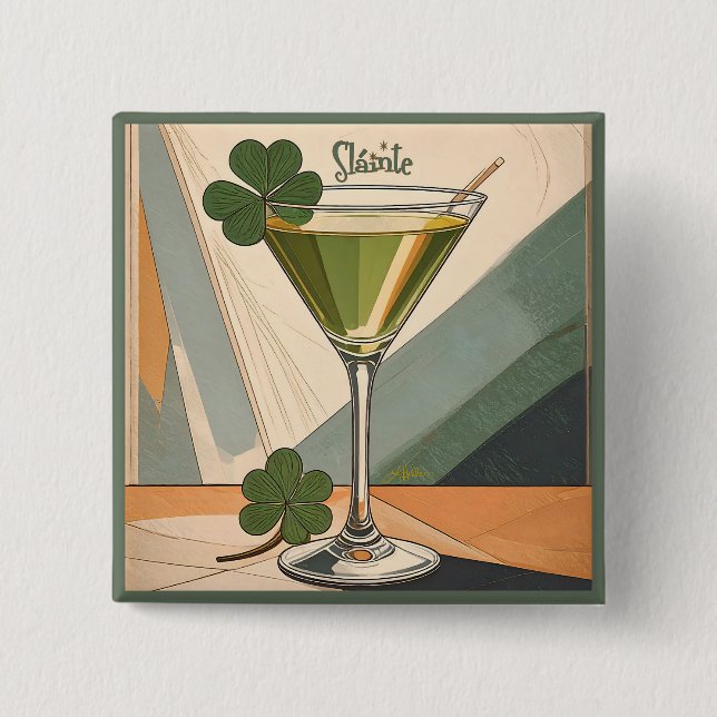 Mid Century Modern Art Shamrock Martini Sláinte!  2 Inch Square Button (Front)