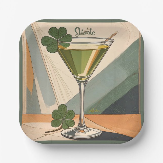 Mid Century Modern Art Shamrock Martini Sláinte!  Paper Plate (Front)