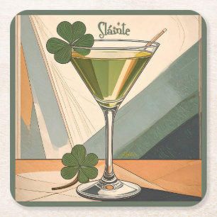 Mid Century Modern Art Shamrock Martini Sláinte!  Square Paper Coaster