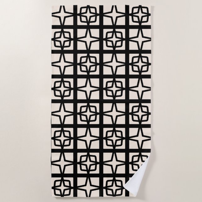Mid Century Modern Atomic 1950s Retro Black Cream Beach Towel (Front)