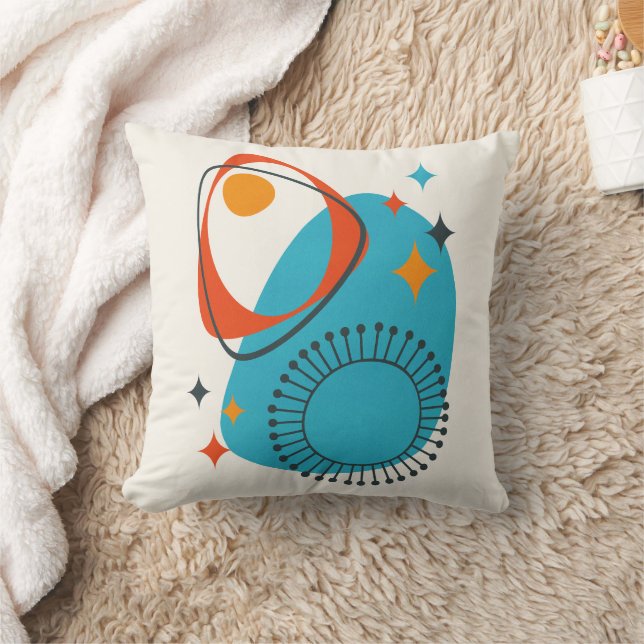 Mid Century Modern Atomic Age 14 Blue, Red, Orange Throw Pillow (Blanket)