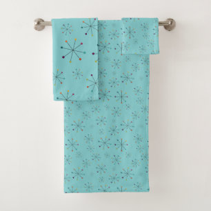 Mid-Century Modern Atomic Age Aqua Blue Pattern Bath Towel Set