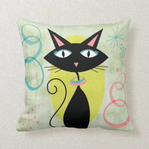 Mid-Century Modern Atomic Age Black Cat Throw Pillow
