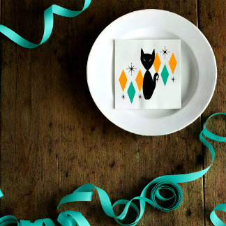 Mid Century Modern Atomic Black Cat Diamonds Stars Napkin