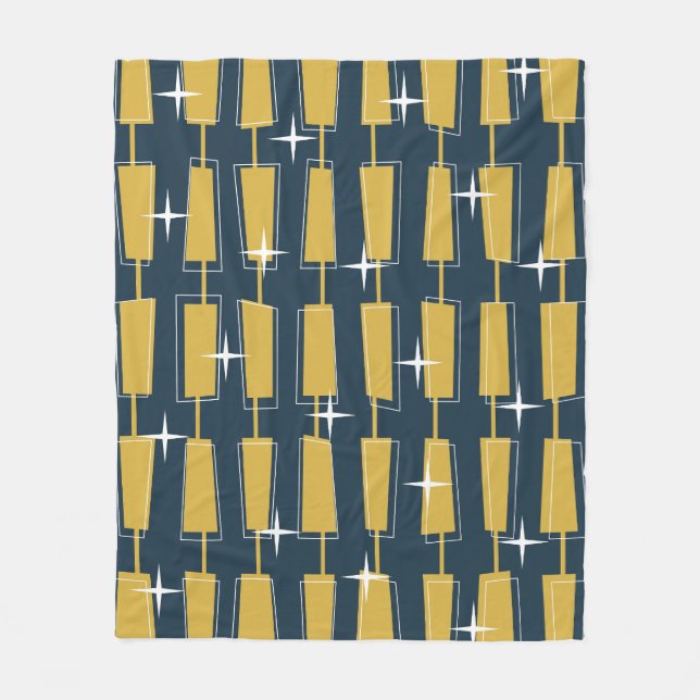 Mid Century Modern Atomic Blocks Navy, Mustard Fleece Blanket (Front)