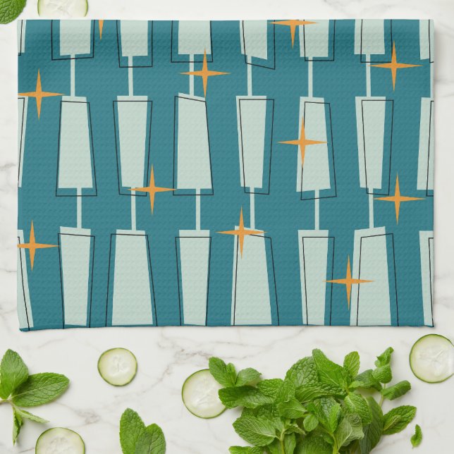 Mid Century Modern Atomic Blocks Teal, Aqua Kitchen Towel (Folded)