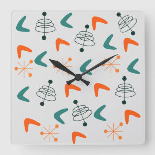 Mid-Century Modern Atomic Boomerangs Square Wall Clock