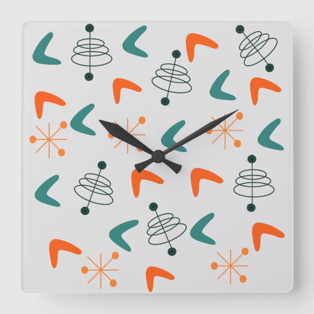 Mid-Century Modern Atomic Boomerangs  Square Wall Clock (Front)