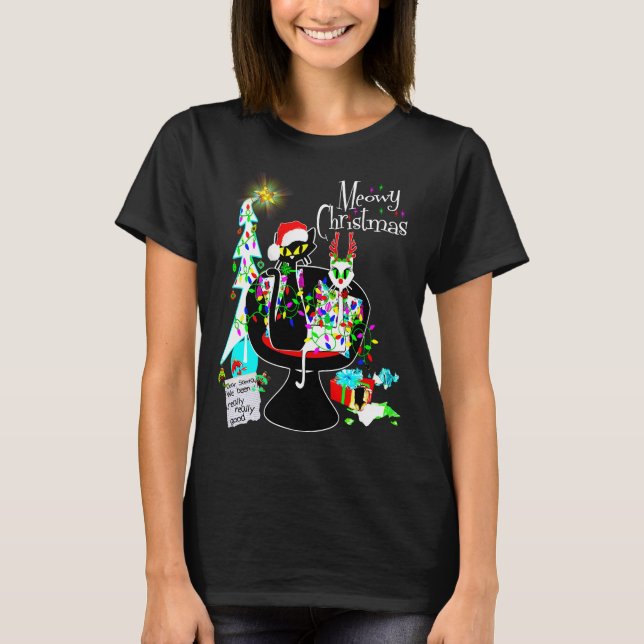 Mid Century Modern Atomic Cat Meowy Christmas T-Shirt (Front)
