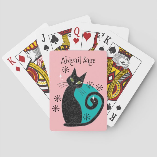 Mid Century Modern Atomic Cat Pink Blue Retro Playing Cards (Back)