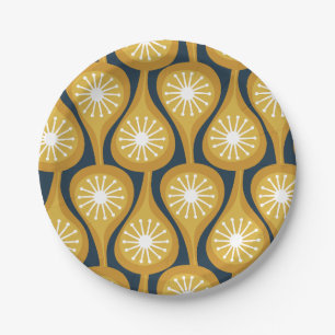 Mid Century Modern Atomic Drops Pattern Mustard Paper Plate