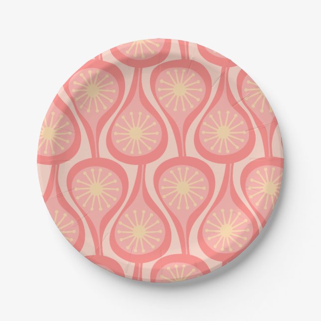 Mid Century Modern Atomic Drops Retro Pattern Pink Paper Plate (Front)