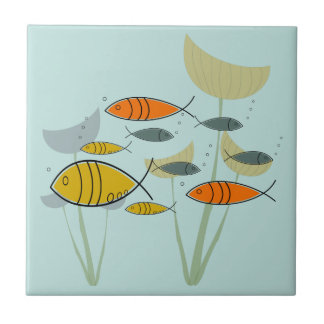 Mid Century Modern Atomic Era Fish Swimming Blue Tile