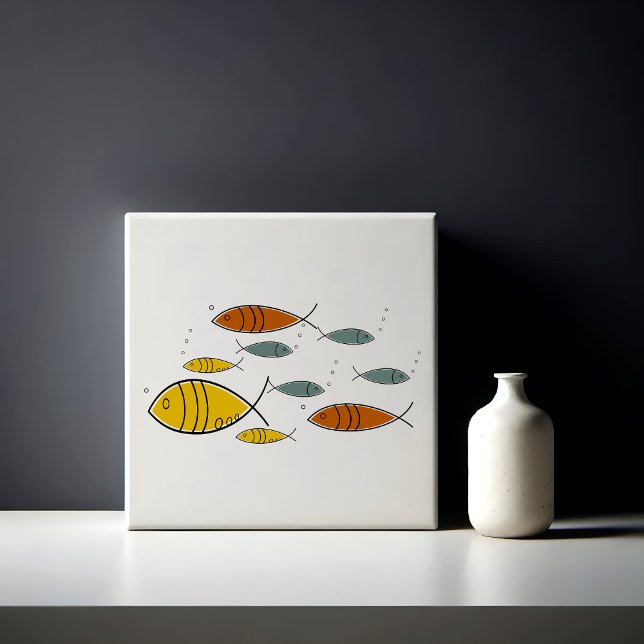 Mid Century Modern Atomic Era Fish Swimming Custom Tile (Mid Century Modern Fish Swimming Pattern Retro Vintage Eames Atomic Era MCM)