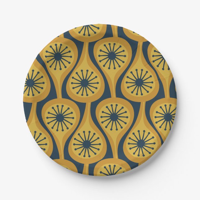 Mid Century Modern Atomic Pattern Mustard Navy Paper Plate (Front)