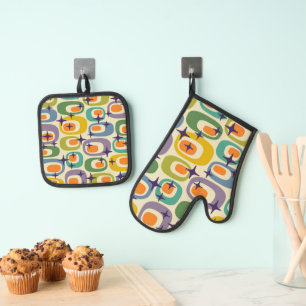 Mid Century Modern Atomic Pattern Oven Mitt & Pot Holder Set