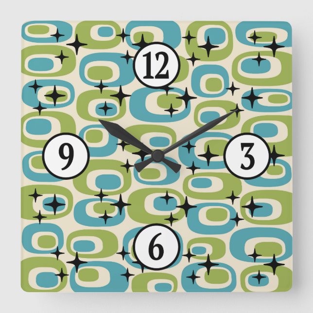 Mid Century Modern Atomic Pattern Square Wall Clock (Front)