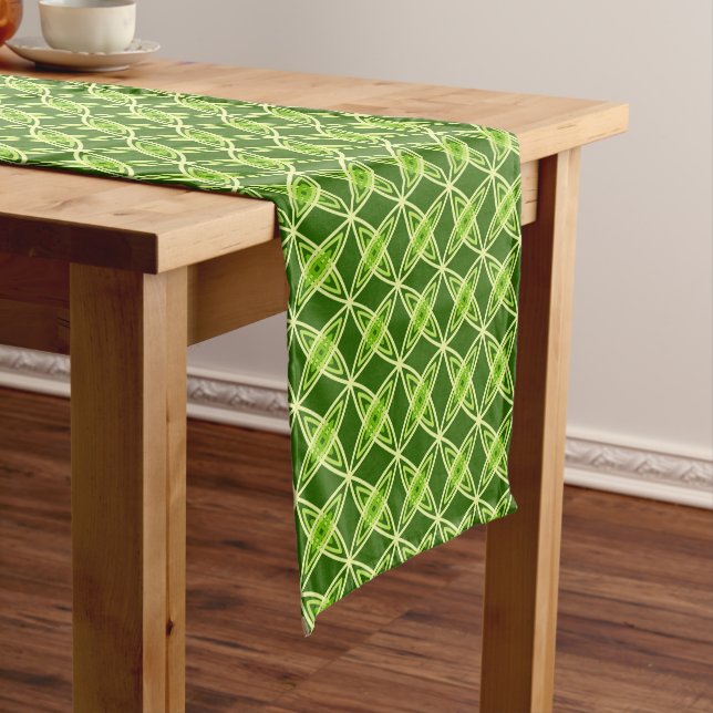 Mid Century Modern Atomic Print - Olive Green Short Table Runner (In Situ)