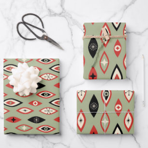 Mid Century Modern Atomic Shapes Green, Red, Black Wrapping Paper Sheet
