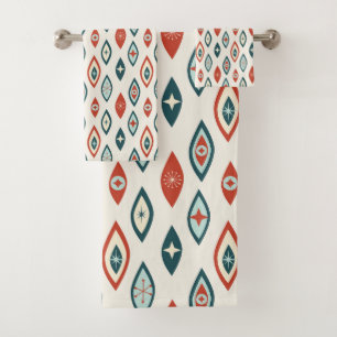 Mid Century Modern Atomic Shapes Red, Aqua, Teal Bath Towel Set