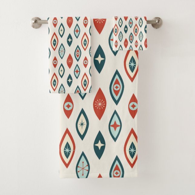 Mid Century Modern Atomic Shapes Red, Aqua, Teal Bath Towel Set (Insitu)