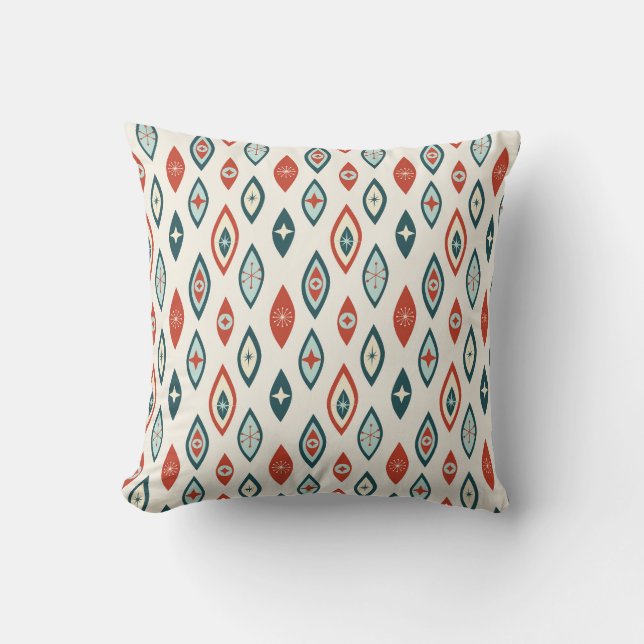 Mid Century Modern Atomic Shapes Red, Aqua, Teal Throw Pillow (Front)