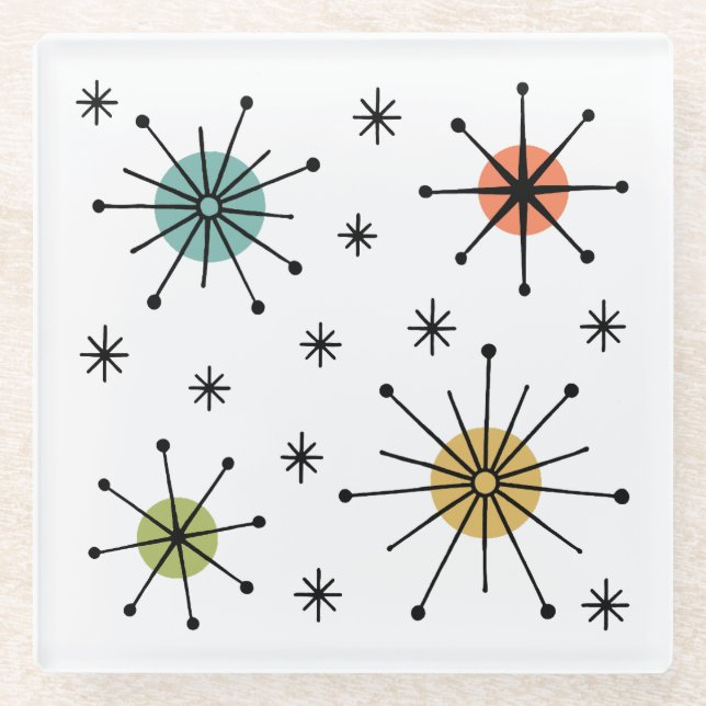 Mid Century Modern Atomic Starburst Pattern Glass Coaster (Front)