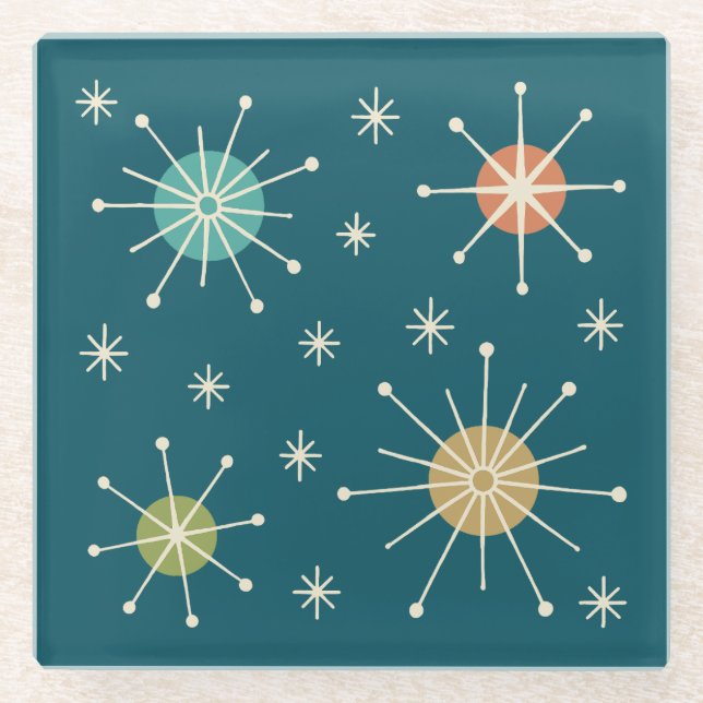 Mid Century Modern Atomic Starburst Pattern Glass Coaster (Front)