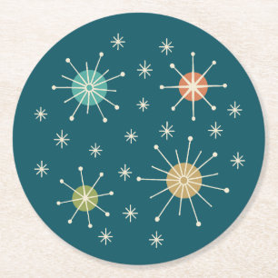 Mid Century Modern Atomic Starburst Pattern Round Paper Coaster