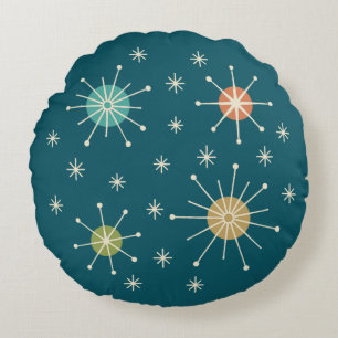 Mid Century Modern Atomic Starburst Pattern Round Pillow